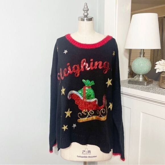 Holiday Sequin Ugly Christmas Sweater Sleighing It 2X - Picture 4 of 10